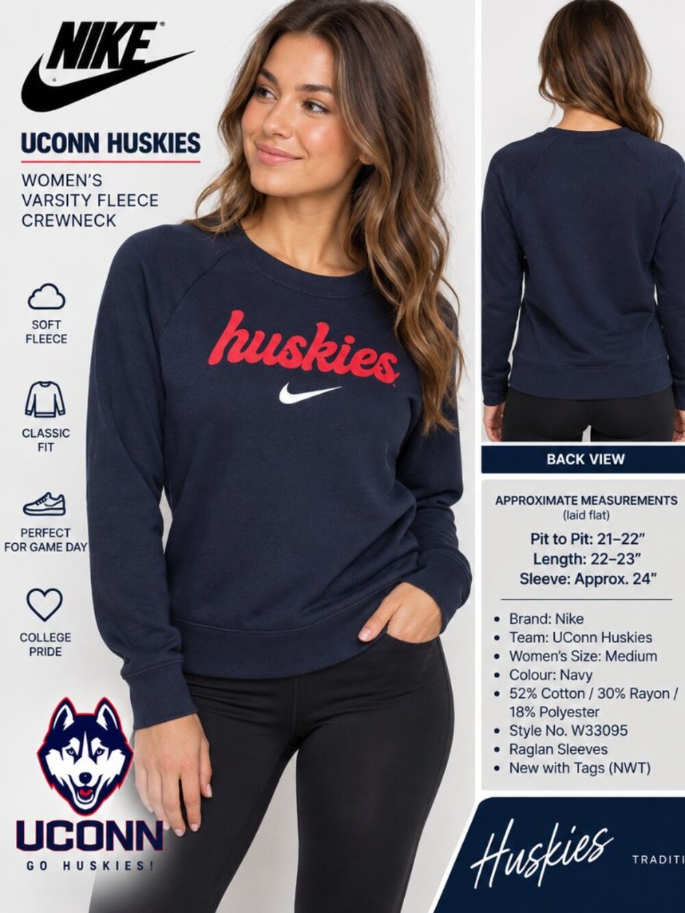 Nike UConn Huskies Women’s Varsity Fleece Crewneck M NWT